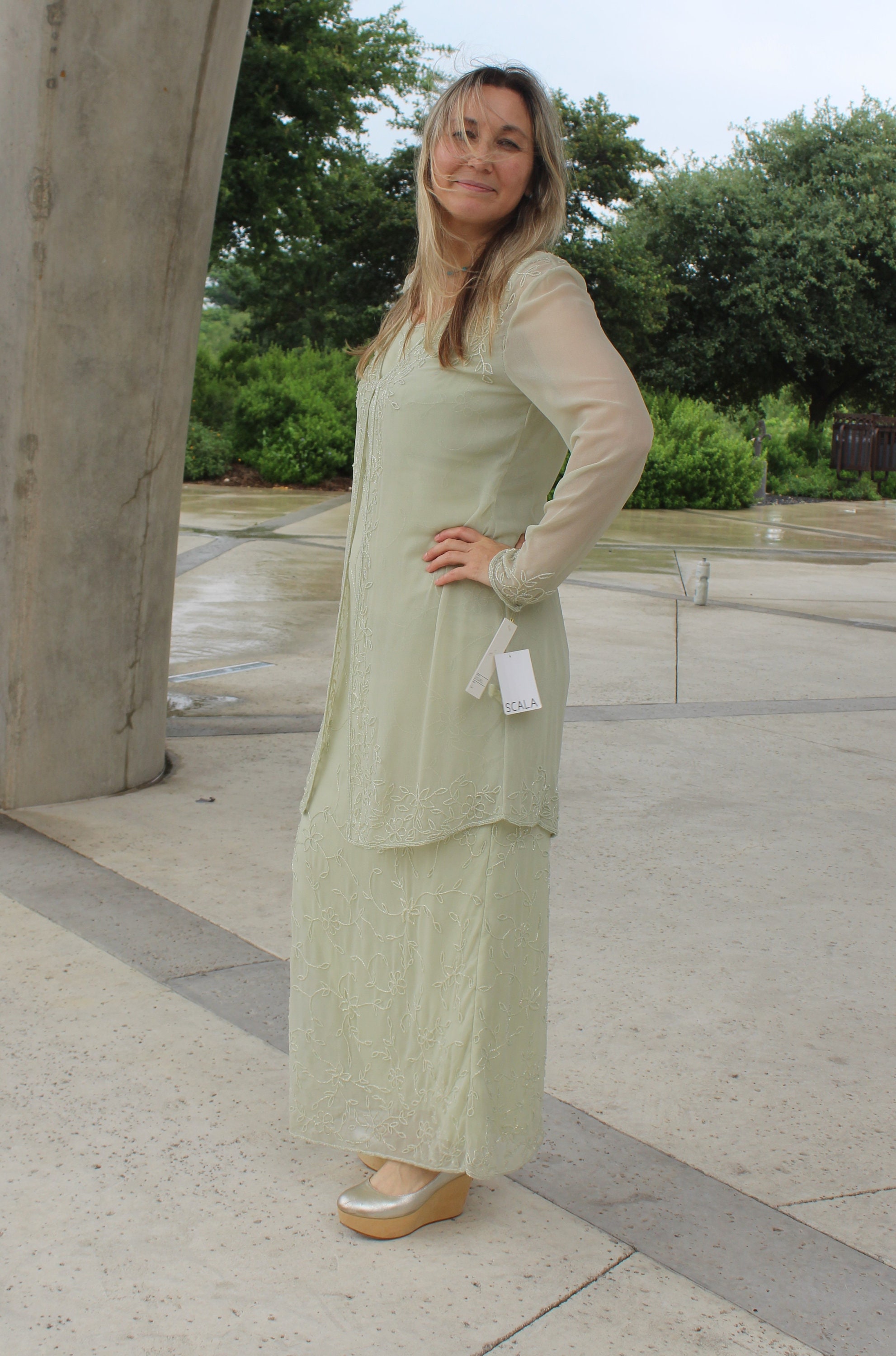 Vintage Scala Beaded Evening Gown Set: 1990s Pale Green Dress & Jacket, Medium