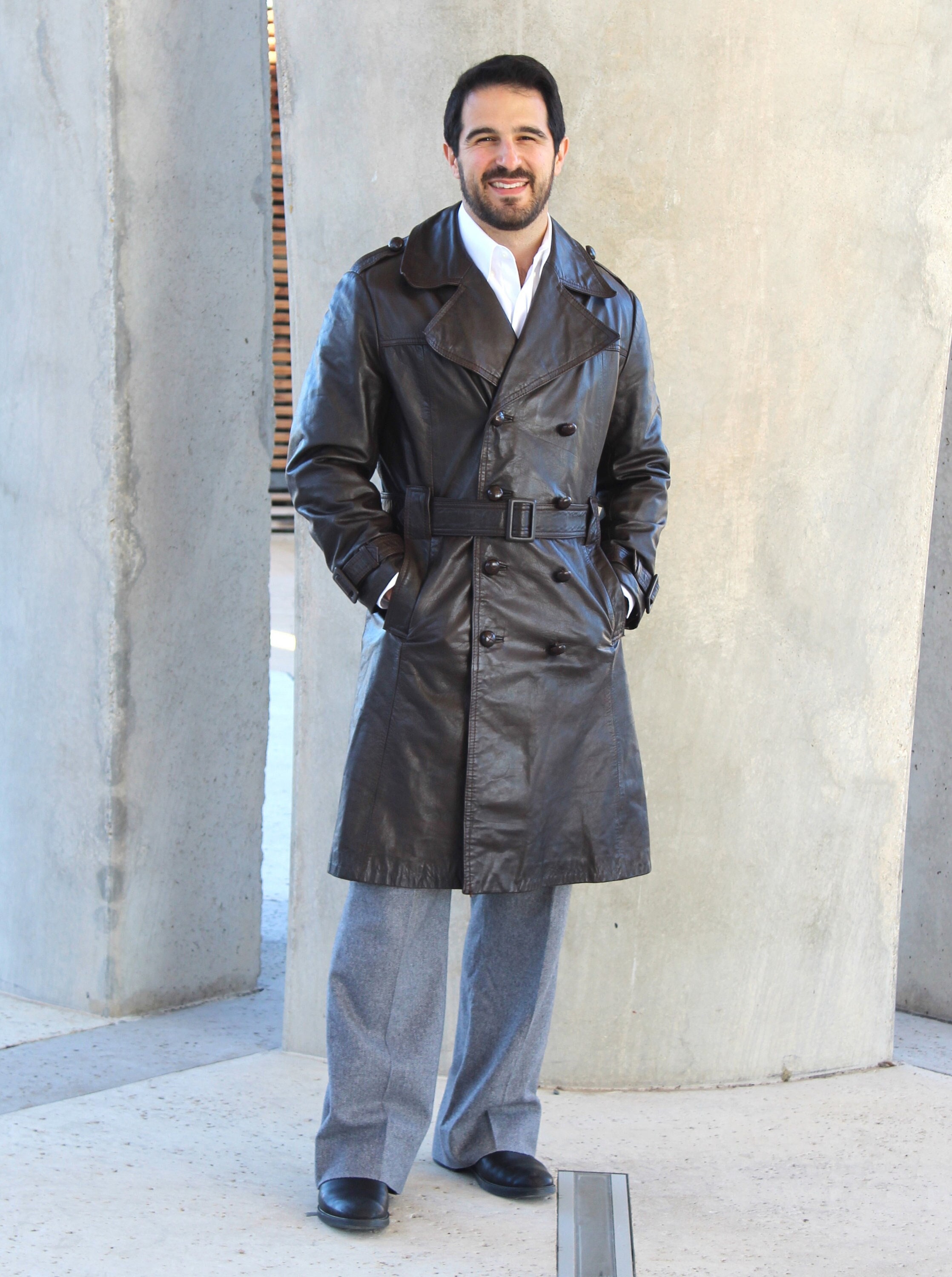 Leather Coat, Size 40 Men, Trench Coat, Dark Brown Leather