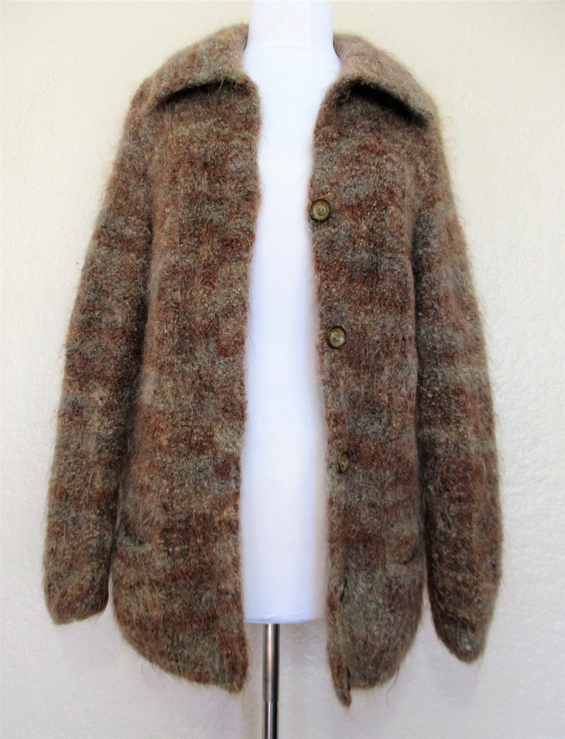Vintage 1970s Avoca Handweavers Cardigan Medium Women Shades of Brown Fuzzy Wool Pile Hand Knitted