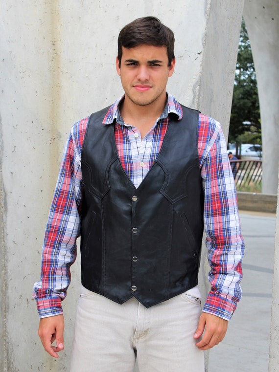 Mens Leather Vest, Vintage 1970s Black Leather Vest, … Gem