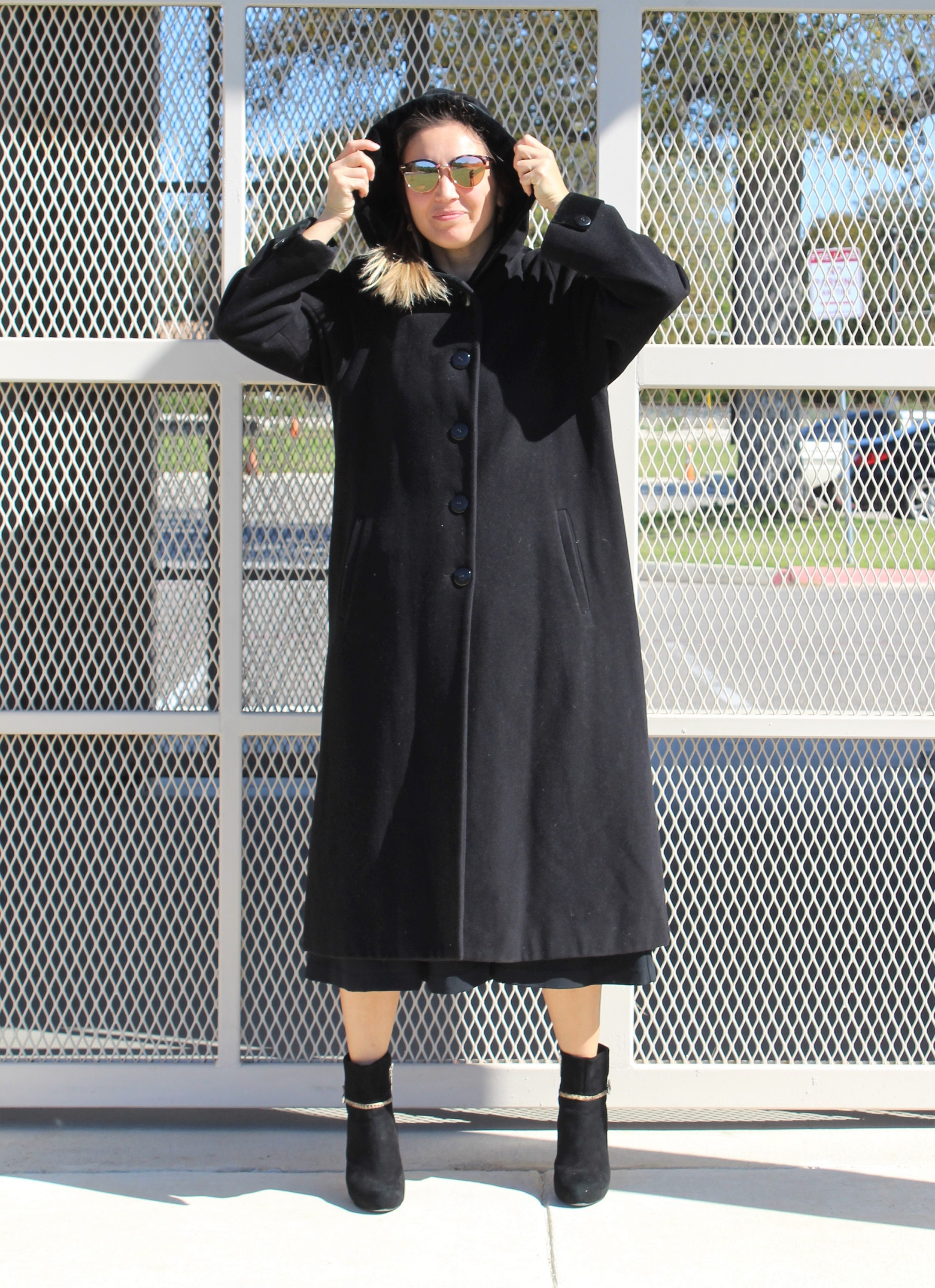 Hoodie Coat, Vintage 1990s Forecaster Black Coat, Wool Blend