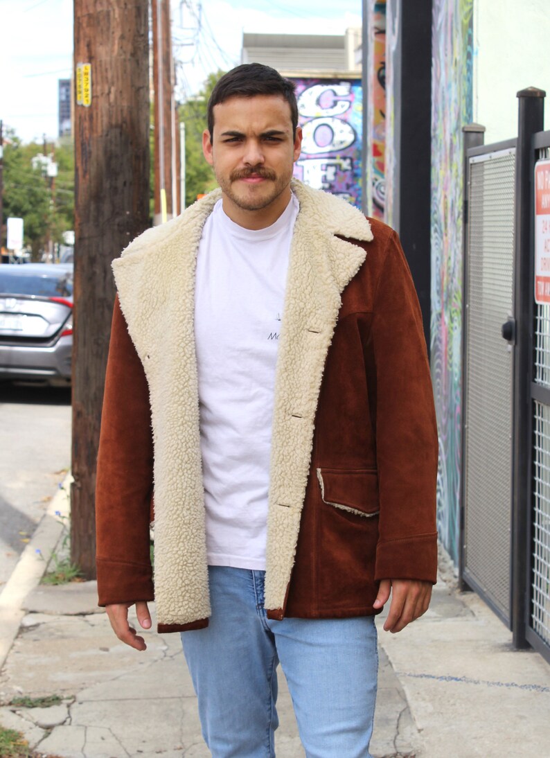 Vintage Silton Sherpa Coat, Brown Suede, Faux Sheepskin, Size 44 Men, Heavy Jacket image 4