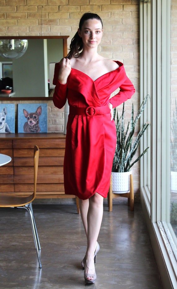 Red Cocktail Dress, Vintage 1980s Victor Costa Rom