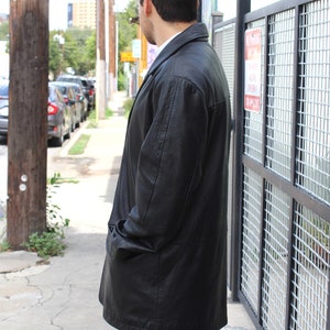 Vintage 90s Perry Ellis Black Leather Coat, Large Men, Peacoat, Pockets image 3