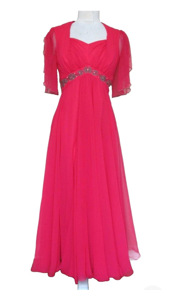 Vintage 1960s Pink Chiffon Maxi Dress: Beaded Empire Waist
