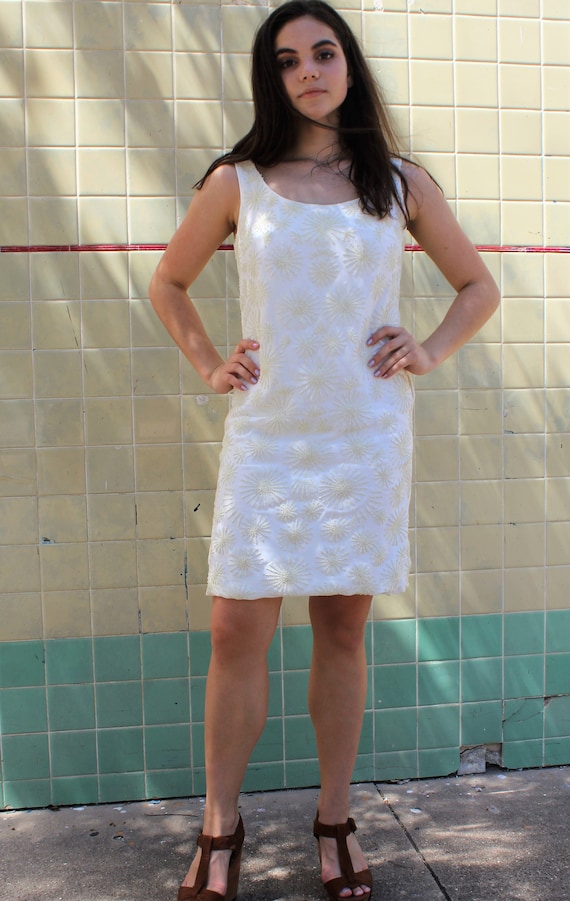 60s Mini Dress, Off White Dress, Beaded, Sleevele… - image 10