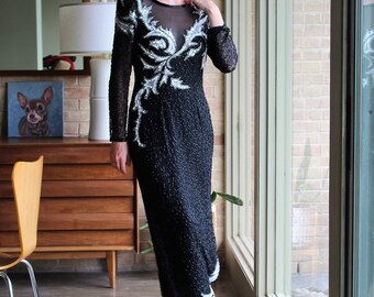Vintage 80s Beaded Evening Gown: A.J. Bari Black Silk Maxi Dress