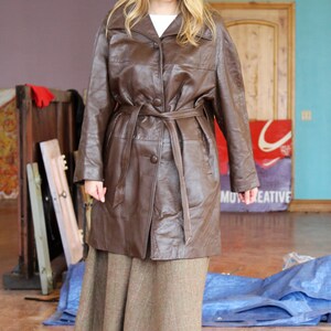 1960s Coat, Vintage Golet Originals Brown Leather Coat, Large Women, belted image 4