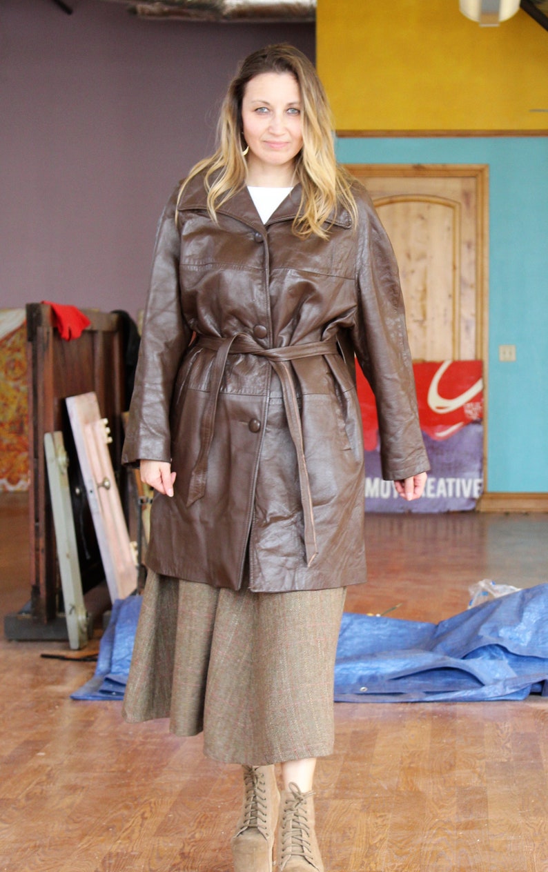 1960s Coat, Vintage Golet Originals Brown Leather Coat, Large Women, belted image 4