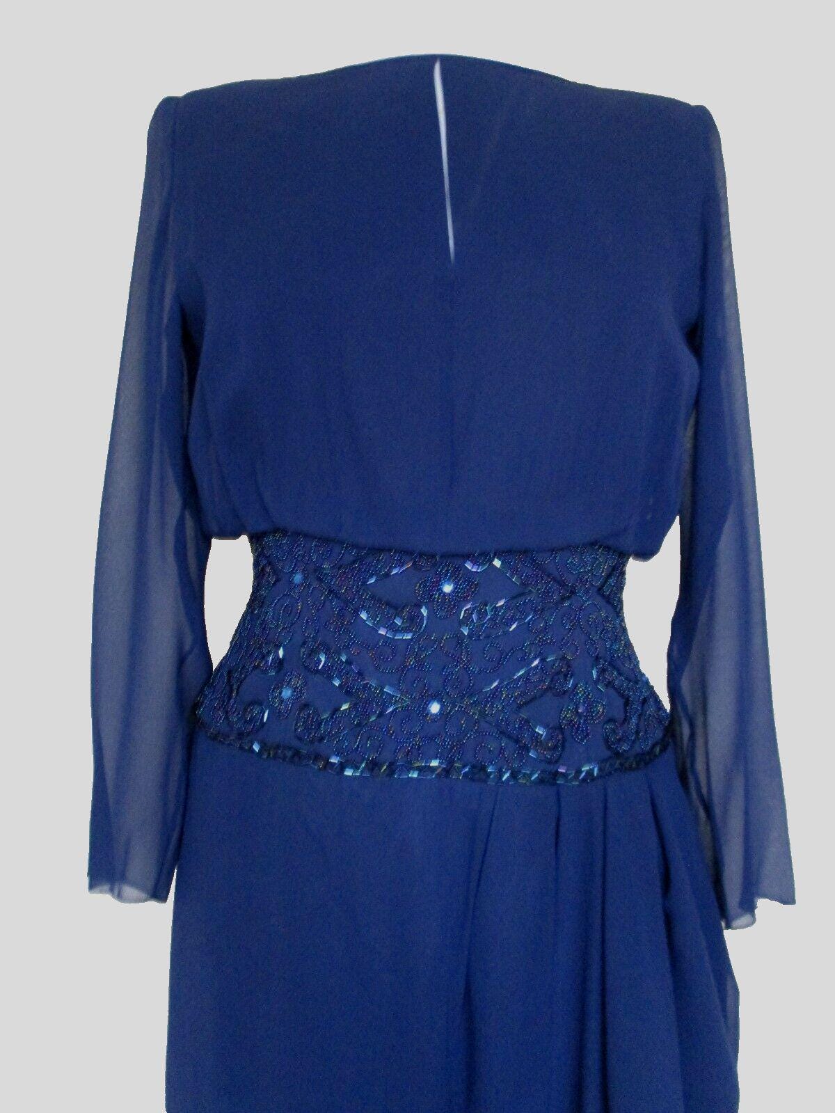 Vintage Tootsies Evening Gown Dress Size 10 Women Navy Blue Chiffon Bead Trim