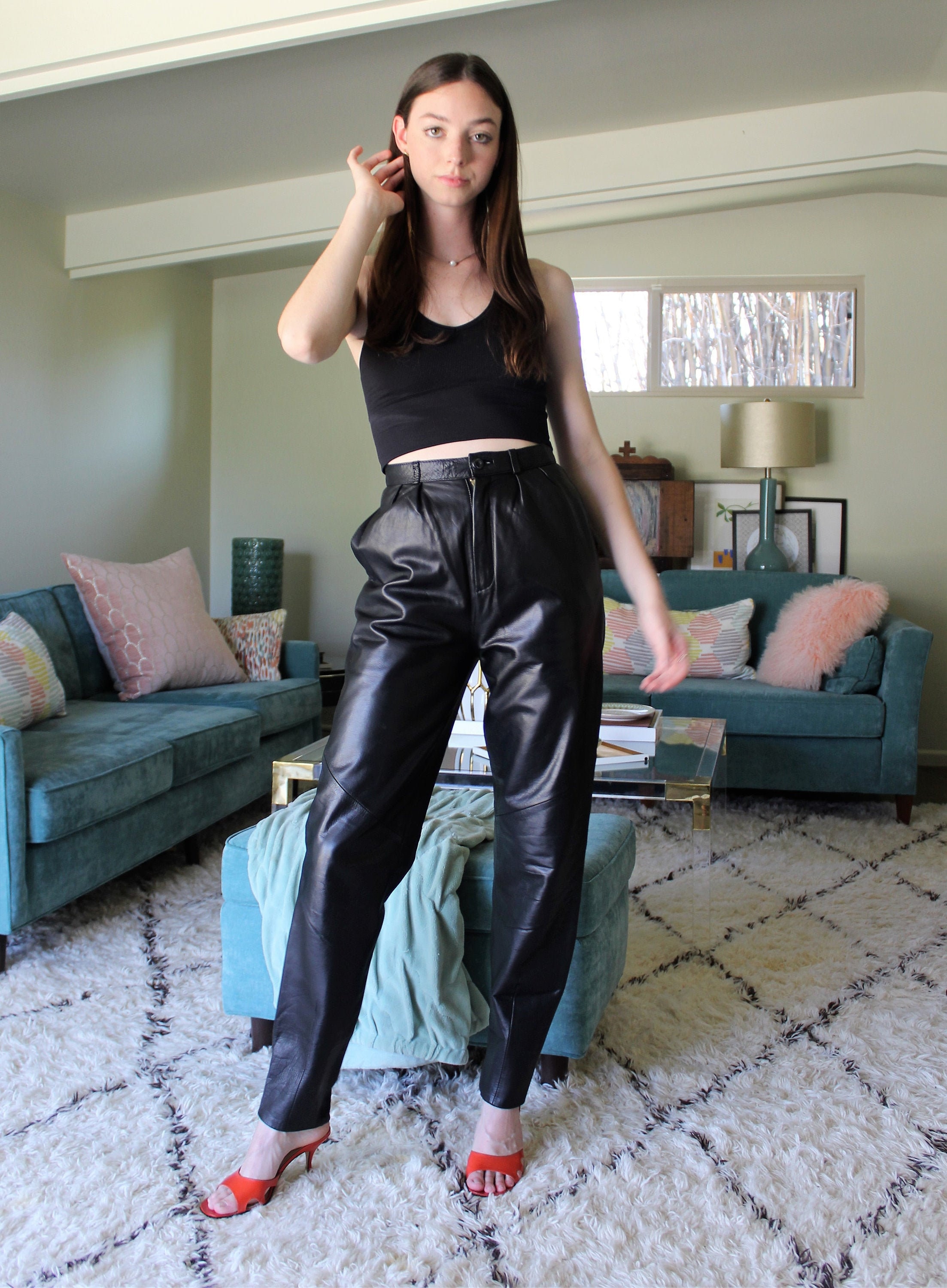 Leather Pants, Vintage 1980s Wilsons, S Women, Black Leather, High Leather Pants, Vintage 1980s Wilsons, S Women, Black Leather, High