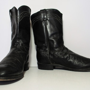 Vintage 1990s Justin Smooth Ostrich Roper Cowboy Boots, Black Leather, Size 9EE Men