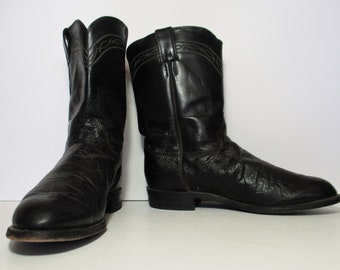 Vintage 1990s Justin Smooth Ostrich Roper Cowboy Boots, Black Leather, Size 9EE Men