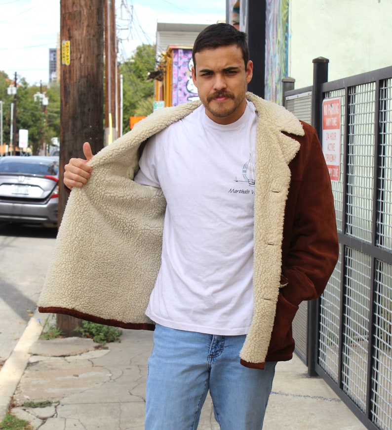 Vintage Silton Sherpa Coat, Brown Suede, Faux Sheepskin, Size 44 Men, Heavy Jacket image 9