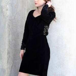 Suede Dress, Vintage 80s, Sequin Lace Trim, Small Women, Long Sleeve, Positano Pelle, Open Back image 8