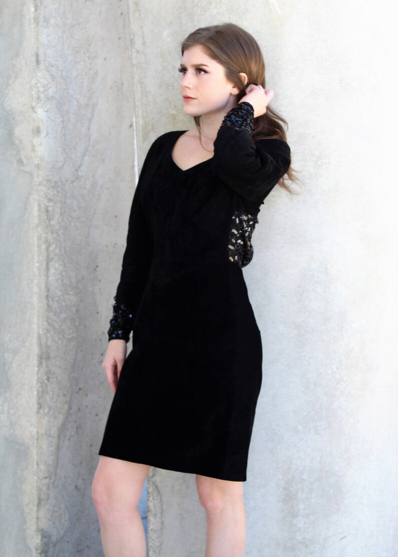 Suede Dress, Vintage 80s, Sequin Lace Trim, Small Women, Long Sleeve, Positano Pelle, Open Back image 8