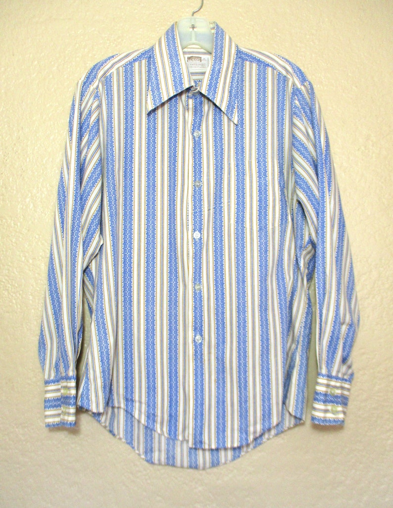 Vintage 1970s Shirt, Montgomery Ward, Blue White Mustard Cotton Blend, No Iron, M 15/15.5 Mens image 3