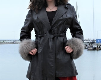 70s Leather Coat, Vintage The Tannery Montgomery Ward Black Leather Penny Lane Coat, Gray Fur Cuffs, Medium Women