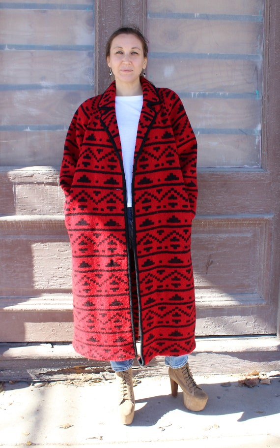 Vintage 1990s Long Blanket Coat, Medium Women, Red