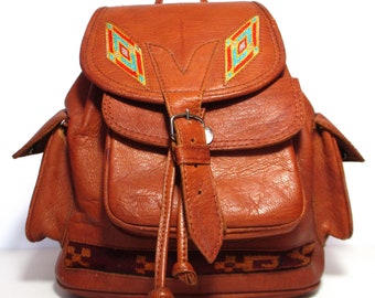 Leather Backpack, Brown Leather Rucksack, Kilim Trim, Vintage Backpack