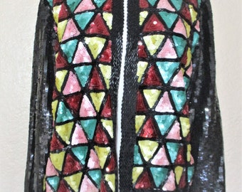 Sequin Jacket Women, Vintage 1980s, Medium Women, Black Silk, Multicolor Sequins Beads, tags attached