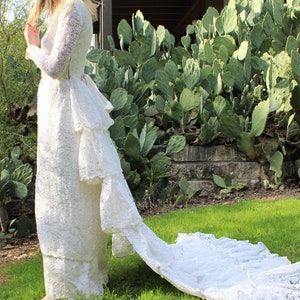 Vintage 1940s Bustle Wedding Gown Dress Long Sleeve Unusual Bride Sequin Bead Trim XS Women