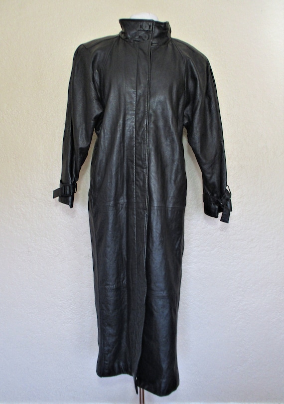 Vintage 1980s Avanti Black Leather Maxi Coat, Smal