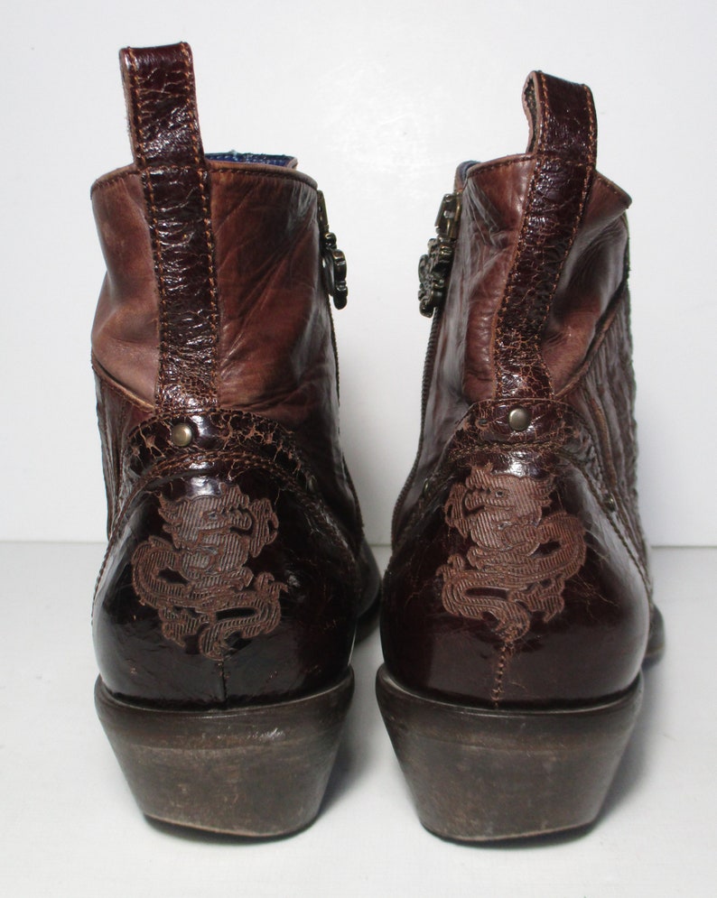 Vintage Mark Nason Brown Leather Ankle Boots, Size 9 Men, Side Zip, Rock n Roll, dragon theme image 5