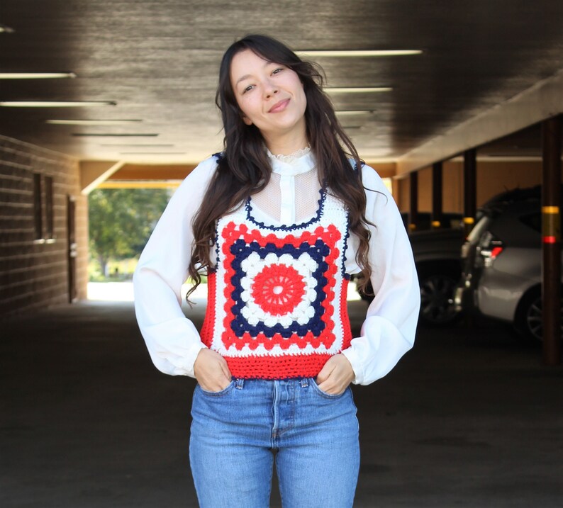 Crochet Vest, Vintage Knit Sweater Vest, Small Women, Red White Blue, Patriotic image 1