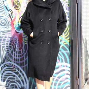 Vintage 1950s Coat, 50s/60s Forstmann, Black Wool Coat, L/XL Women, Double Breasted