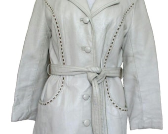 Vintage 24K Leather Dan Di Modes Coat, S/M Women, Off White Leather, Taupe Stitching