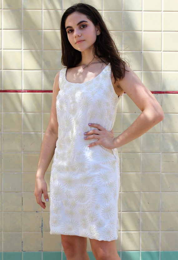 60s Mini Dress, Off White Dress, Beaded, Sleeveles