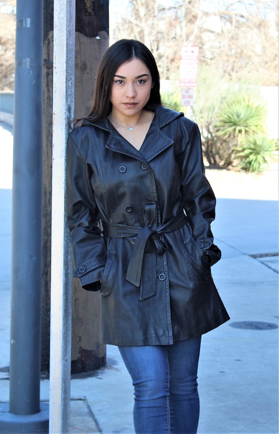 Hooded Leather Coat, Trench Coat Women, Vintage 19