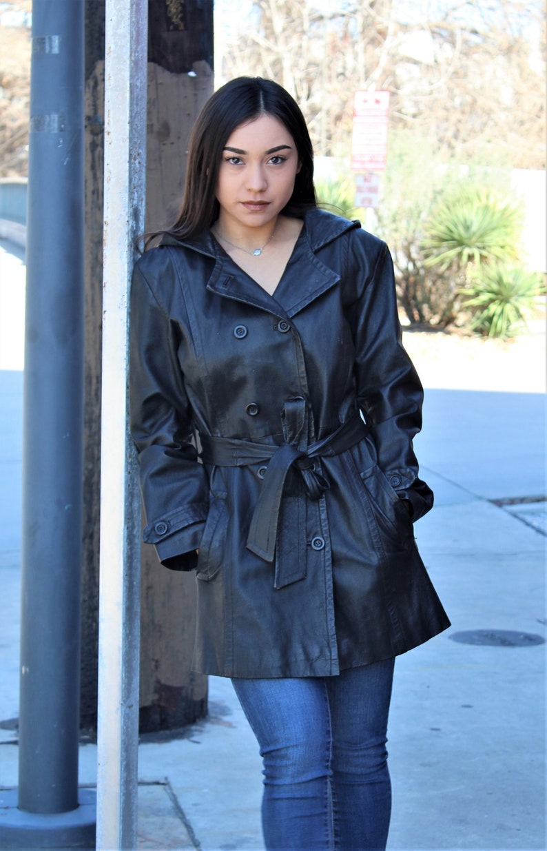 Hooded Leather Coat, Trench Coat Women, Vintage 1980s Giorgio Sant Angelo, Small Women image 1