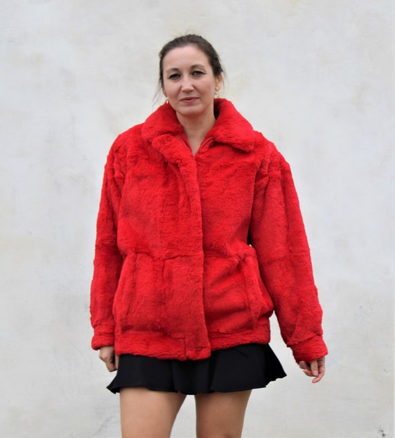 Vintage 1980s Koslow's Red Fur Coat Dolman Sleeve… - image 3