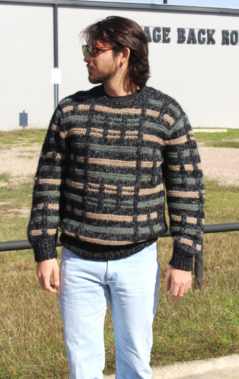Chunky Knit Sweater, Vintage 1990s Bill Ditfort Pullover, Black Gray Tan, Long Sleeve, Wool Blend, Medium Men image 5