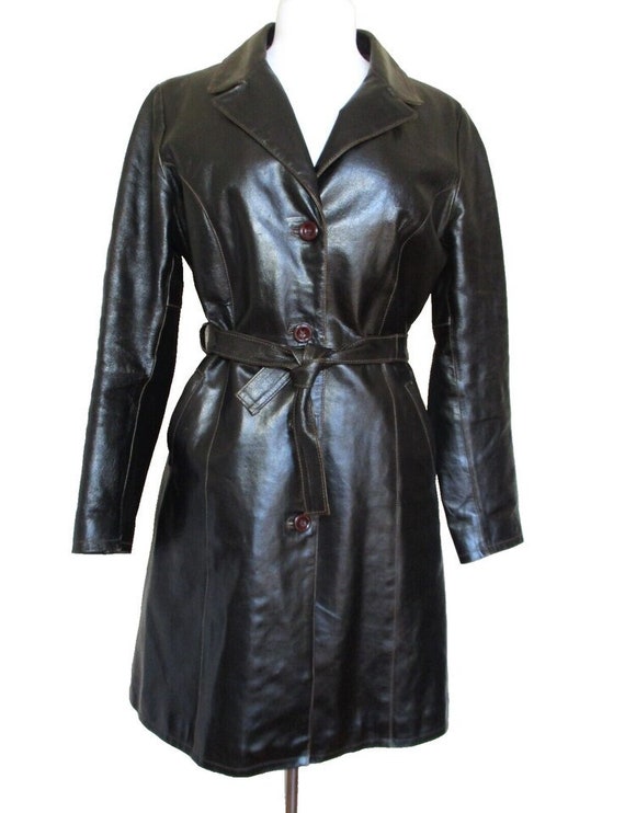 Vintage 1970s Genuine Leather Trench Coat, Dark Br