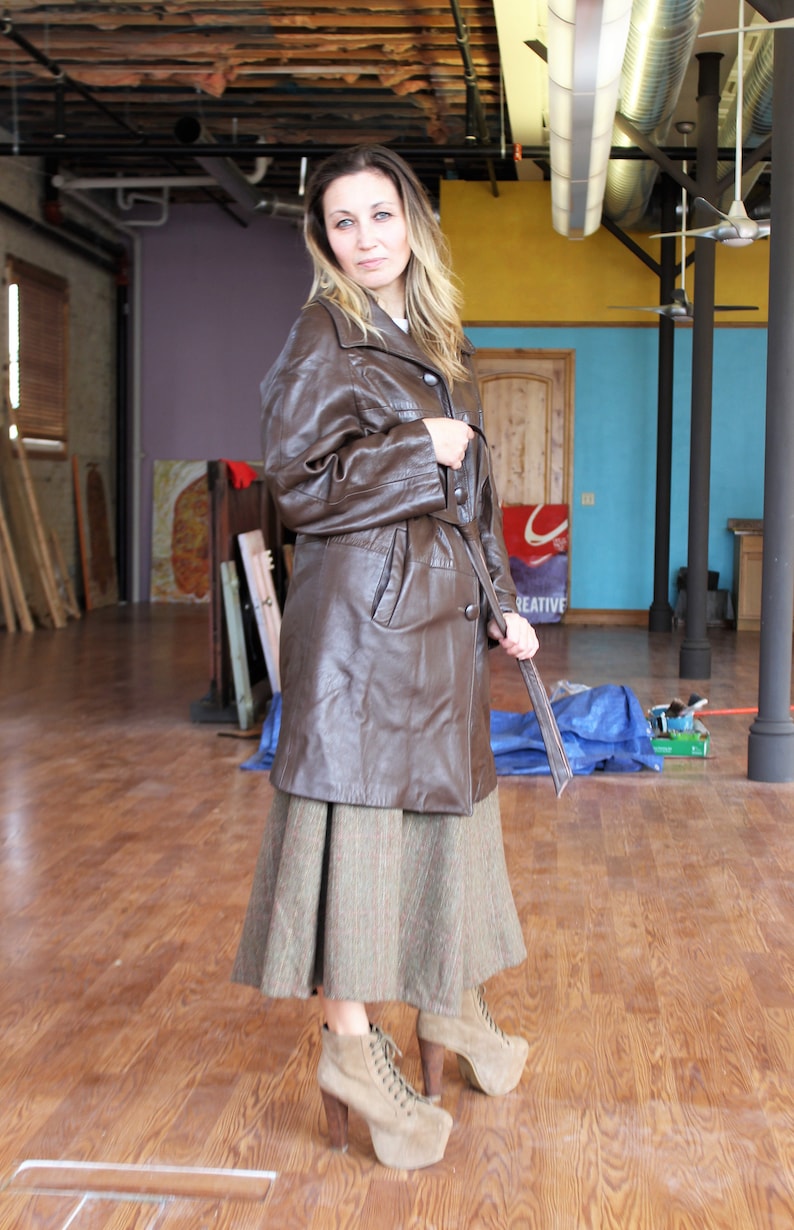 1960s Coat, Vintage Golet Originals Brown Leather Coat, Large Women, belted image 7