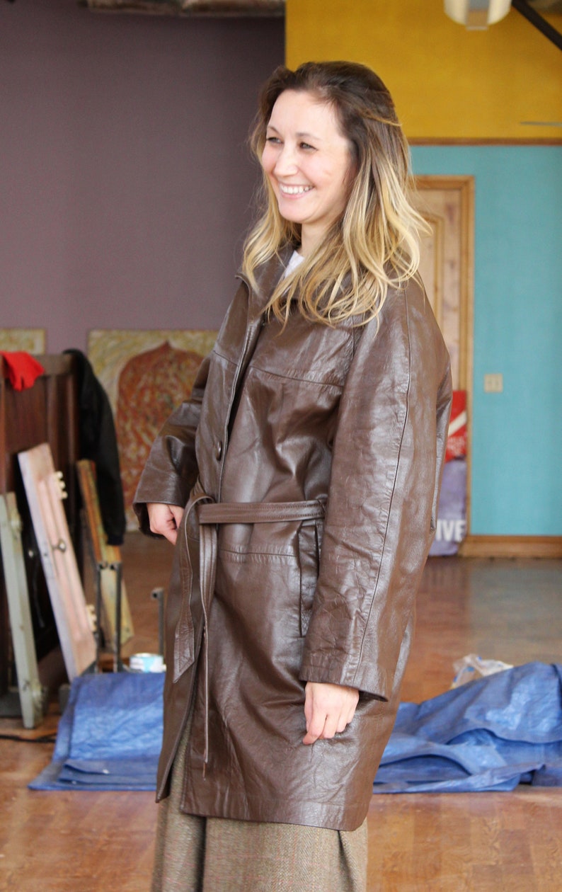 1960s Coat, Vintage Golet Originals Brown Leather Coat, Large Women, belted image 8