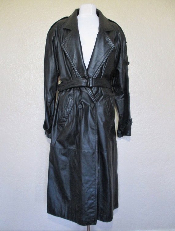 Vintage 1980s Aggio Black Leather Trench Coat Large Women | Etsy