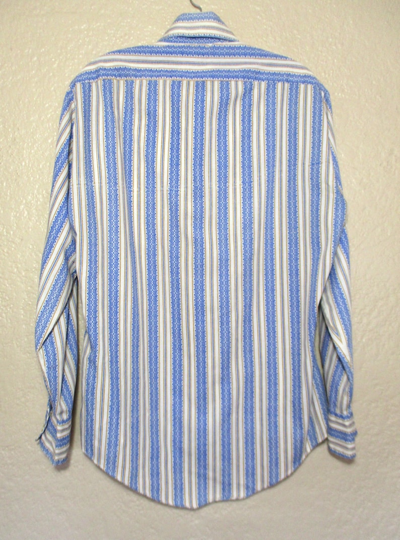 Vintage 1970s Shirt, Montgomery Ward, Blue White Mustard Cotton Blend, No Iron, M 15/15.5 Mens image 4