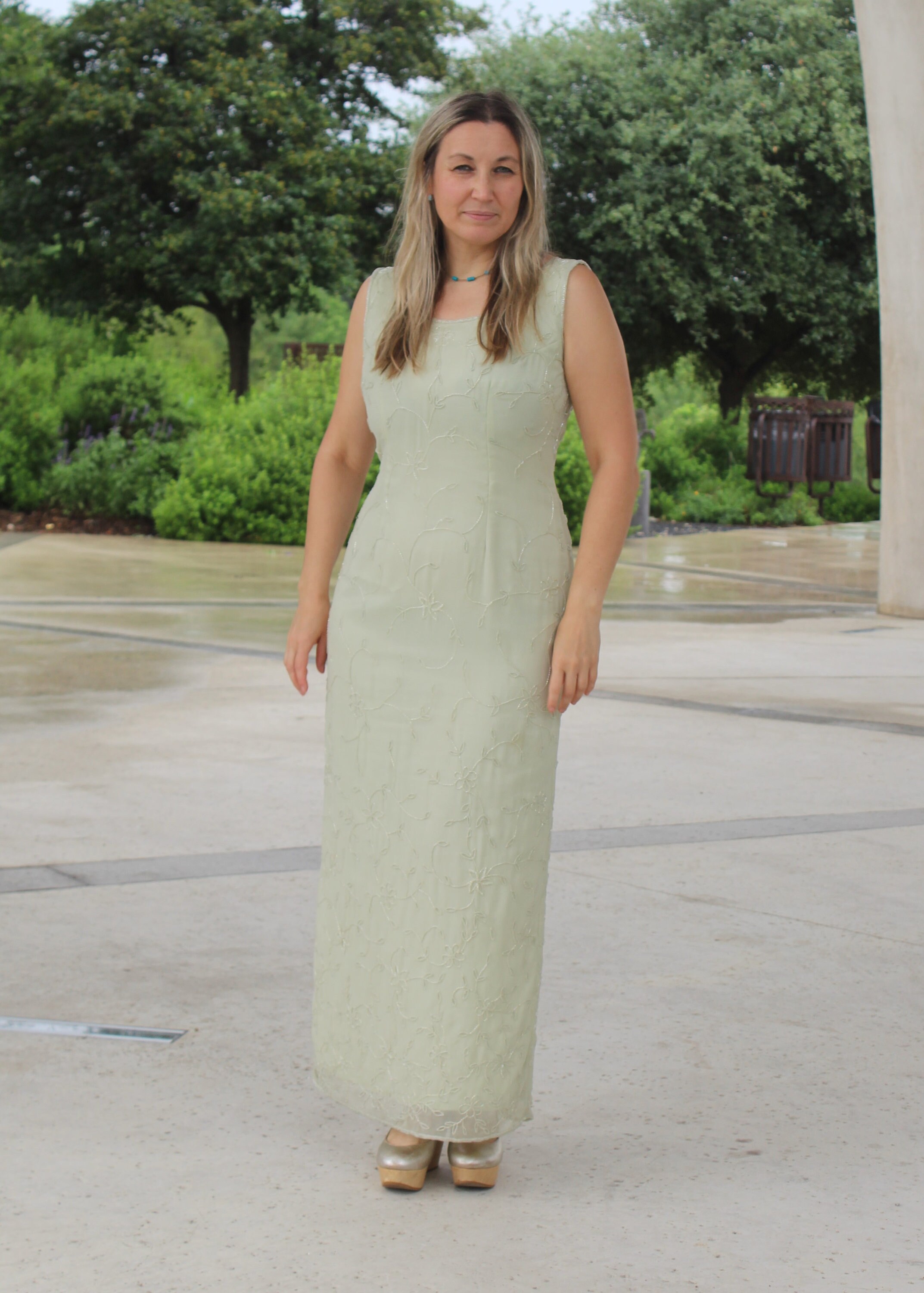 Vintage Scala Beaded Evening Gown Set: 1990s Pale Green Dress & Jacket, Medium