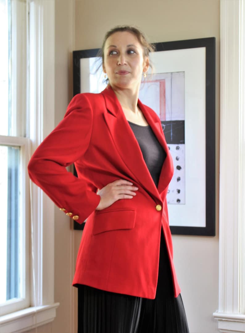 80s Escada, Vintage Margaretha Ley, Red Wool Blazer, Long Jacket, size 36 Women image 7