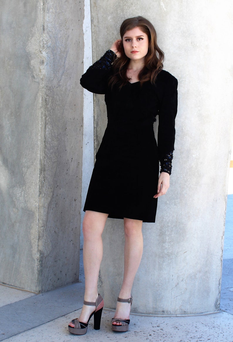 Suede Dress, Vintage 80s, Sequin Lace Trim, Small Women, Long Sleeve, Positano Pelle, Open Back image 5