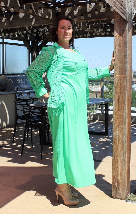 Vintage 1970s Green Lace Jacket & Maxi Dress Set - Plus Size 2X Vintage 1970s Green Lace Jacket & Maxi Dress Set - Plus Size 2X