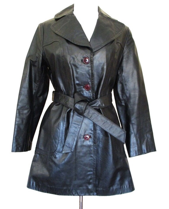 Vintage 1970s Black Leather Trench Coat, Small Wom