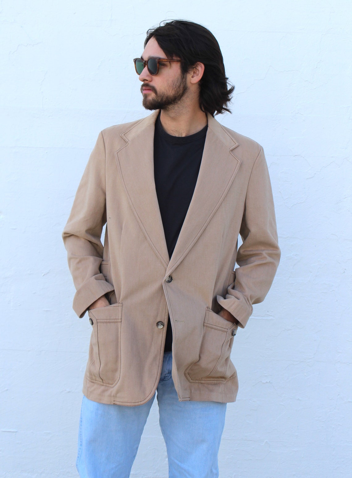 70s Sportcoat, Vintage Mens Clothing, Lee Blazer, size 40/42L Men, Tan Cotton, photo 4 of 5