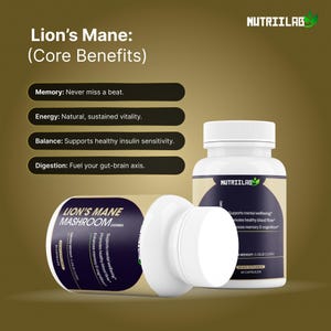 May include: A product image featuring two white supplement bottles with black and gold labels. The bottles are labeled "Lion's Mane Mushroom" and "Nutriilab." The image also includes text highlighting the core benefits: memory, energy, balance, and digestion.