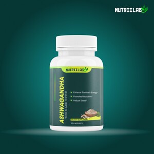 May include: A white bottle of Nutriilab Ashwagandha with Black Pepper capsules. The label is green and black, with text indicating the supplement enhances stamina and energy, promotes relaxation, and reduces stress. The bottle contains 60 capsules.