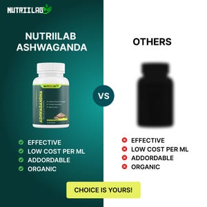 May include: An image comparing two supplement bottles. One bottle is labeled "NUTRIILAB ASHWAGANDA" and the other is a silhouette. The image highlights the benefits of the Nutriilab product, including effectiveness, low cost, affordability, and organic composition.